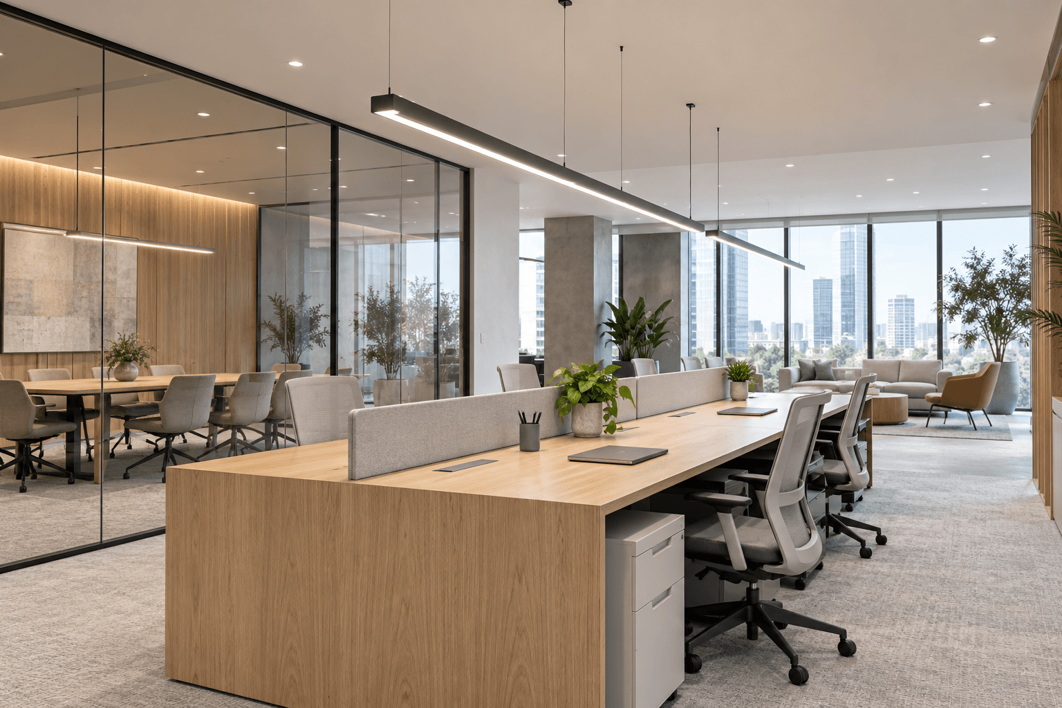 Modern office with linear LED fixtures and recessed downlights