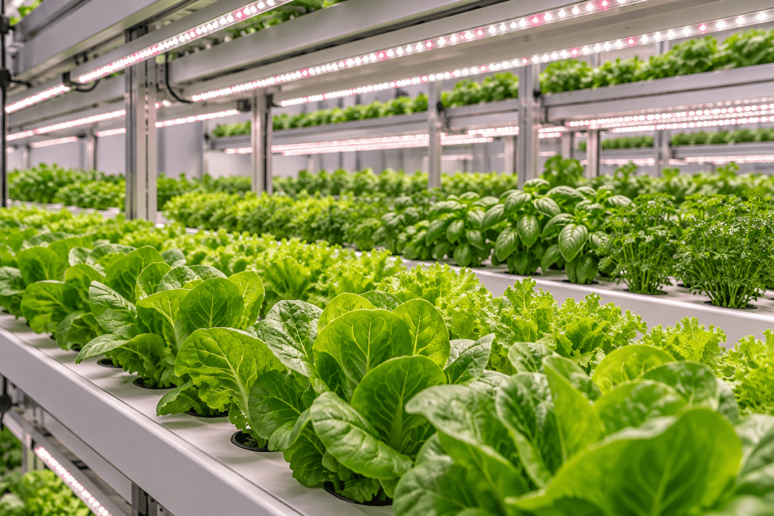 Leafy plants growing beneath full-spectrum LED light bars