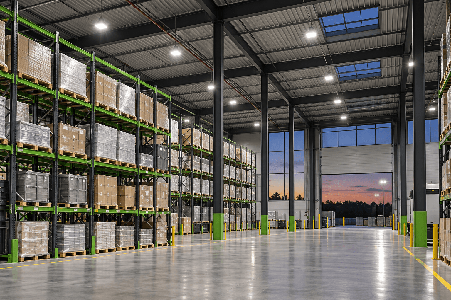 Warehouse illuminated by overhead LED high bay fixtures