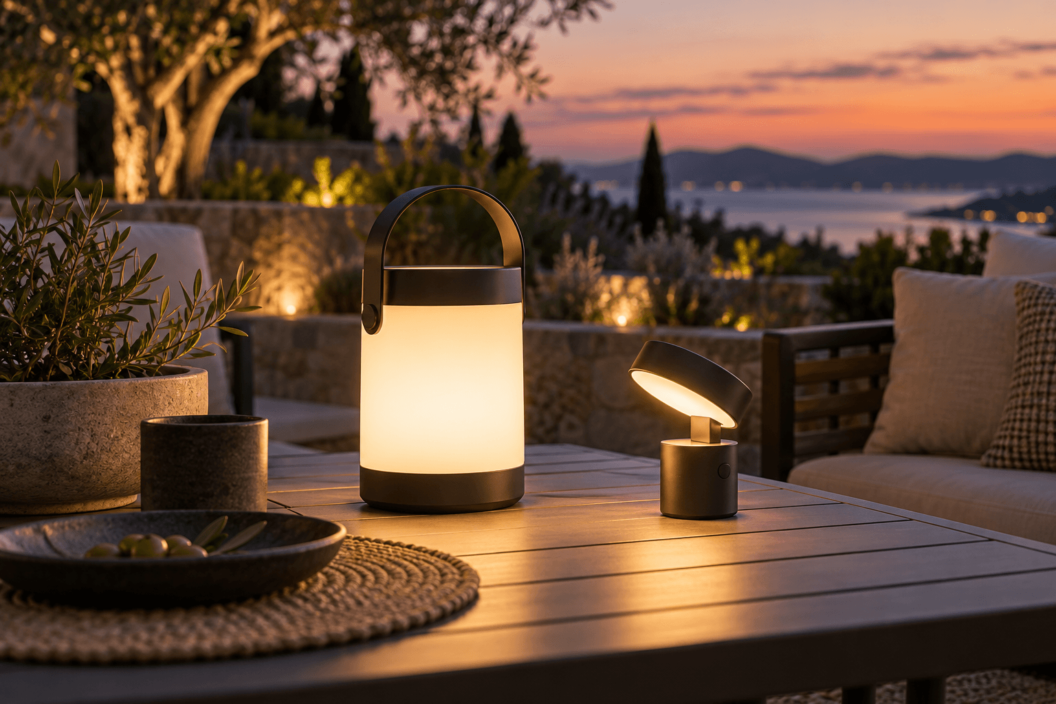 Rechargeable LED lantern and portable task light on an outdoor table